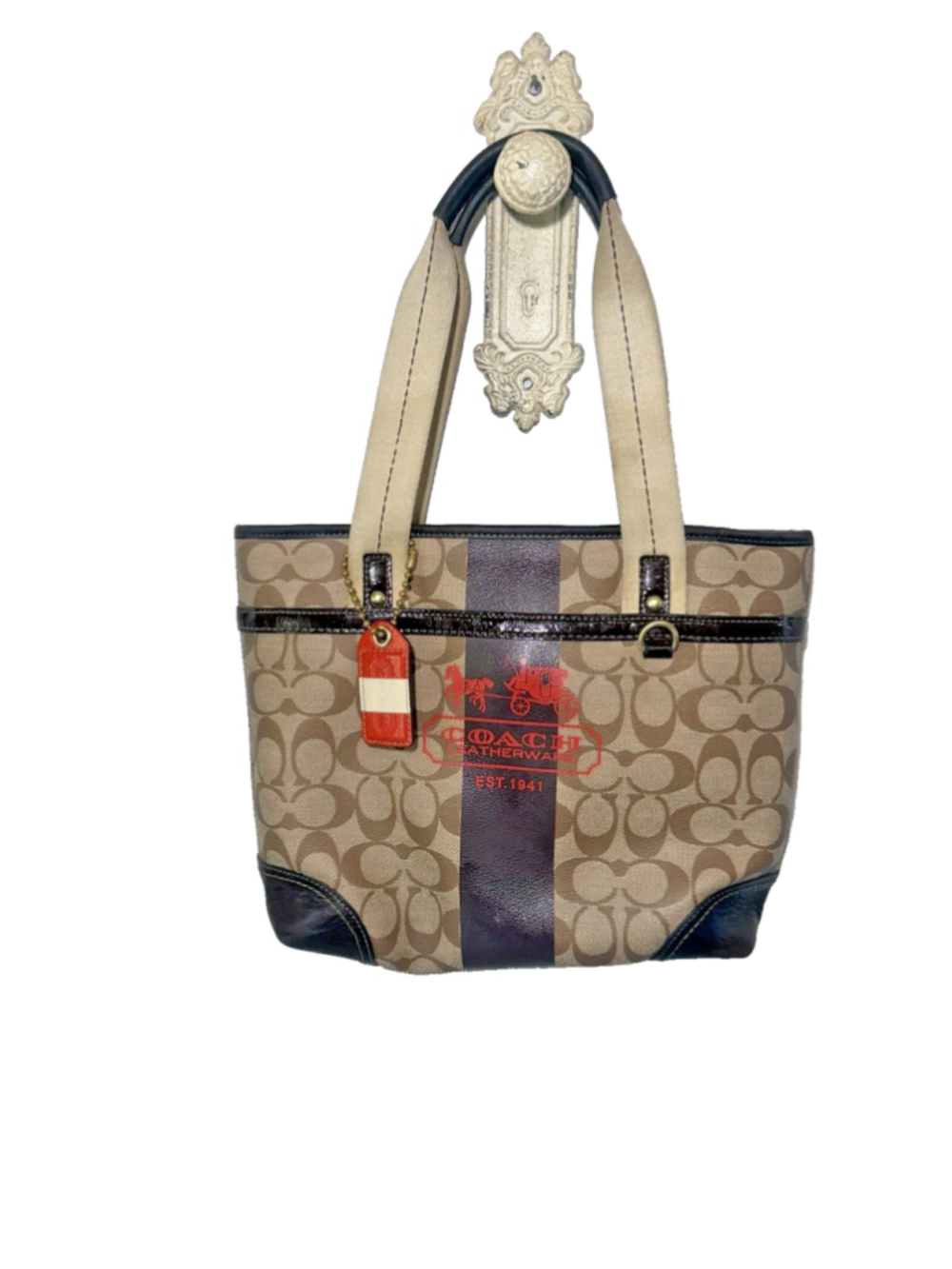 COACH Y2K Vintage Heritage Signature Stripe Horse & Carriage Tote Bag 11349